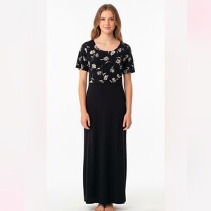 VINTAGE ERIKA STUDIO 90’S GRUNGE WHIMSIGOTH MAXI BLACK FLORAL DRESS W/ TIE WAIST